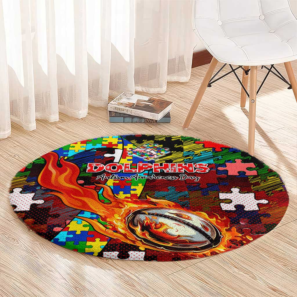 Dolphins Autism Awareness Round Carpet Puzzle Flames Rugby Ball