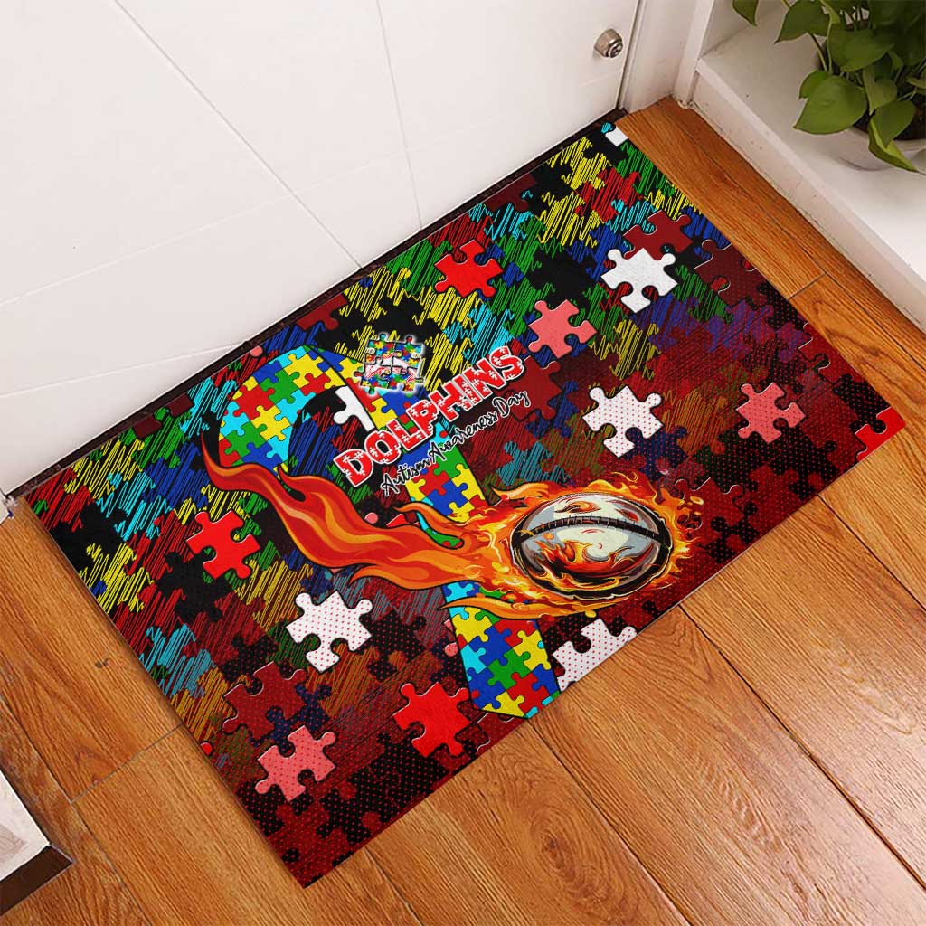 Dolphins Autism Awareness Rubber Doormat Puzzle Flames Rugby Ball