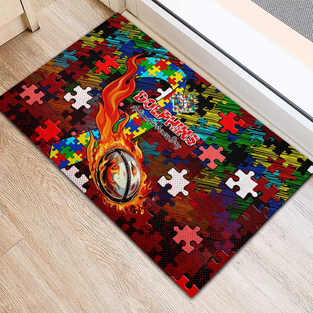Dolphins Autism Awareness Rubber Doormat Puzzle Flames Rugby Ball