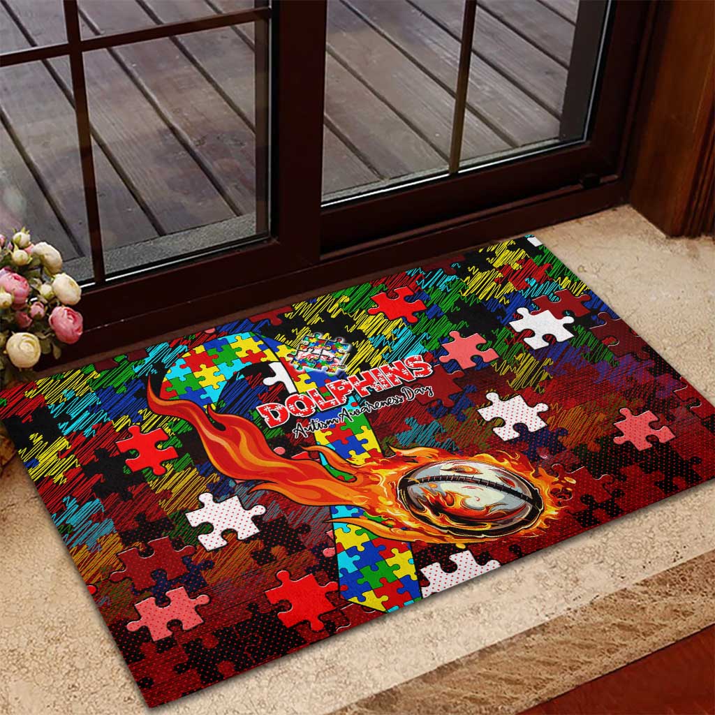 Dolphins Autism Awareness Rubber Doormat Puzzle Flames Rugby Ball