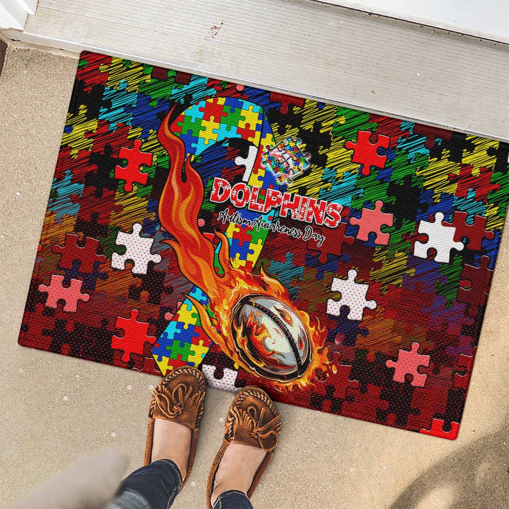 Dolphins Autism Awareness Rubber Doormat Puzzle Flames Rugby Ball