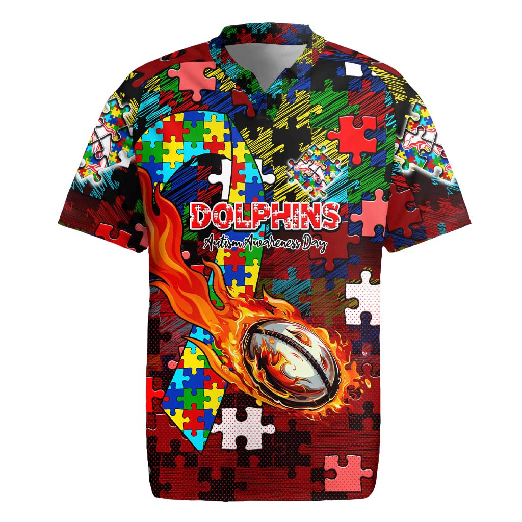 Dolphins Autism Awareness Rugby Jersey Puzzle Flames Rugby Ball