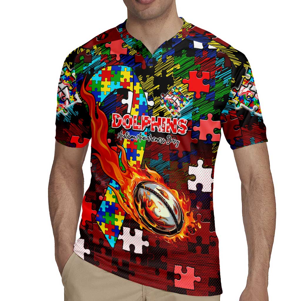 Dolphins Autism Awareness Rugby Jersey Puzzle Flames Rugby Ball