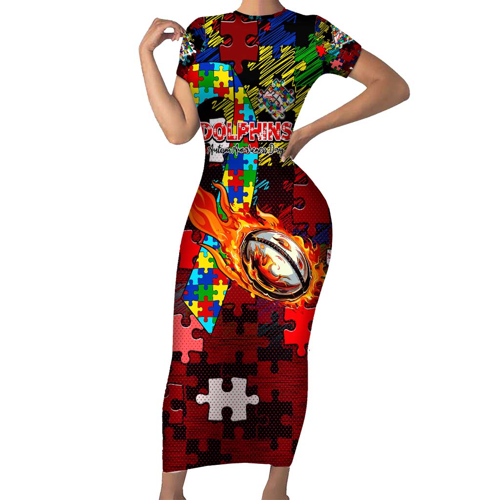 Dolphins Autism Awareness Short Sleeve Bodycon Dress Puzzle Flames Rugby Ball