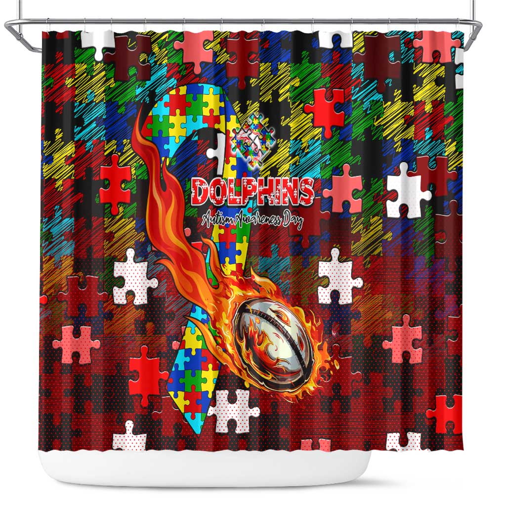 Dolphins Autism Awareness Shower Curtain Puzzle Flames Rugby Ball