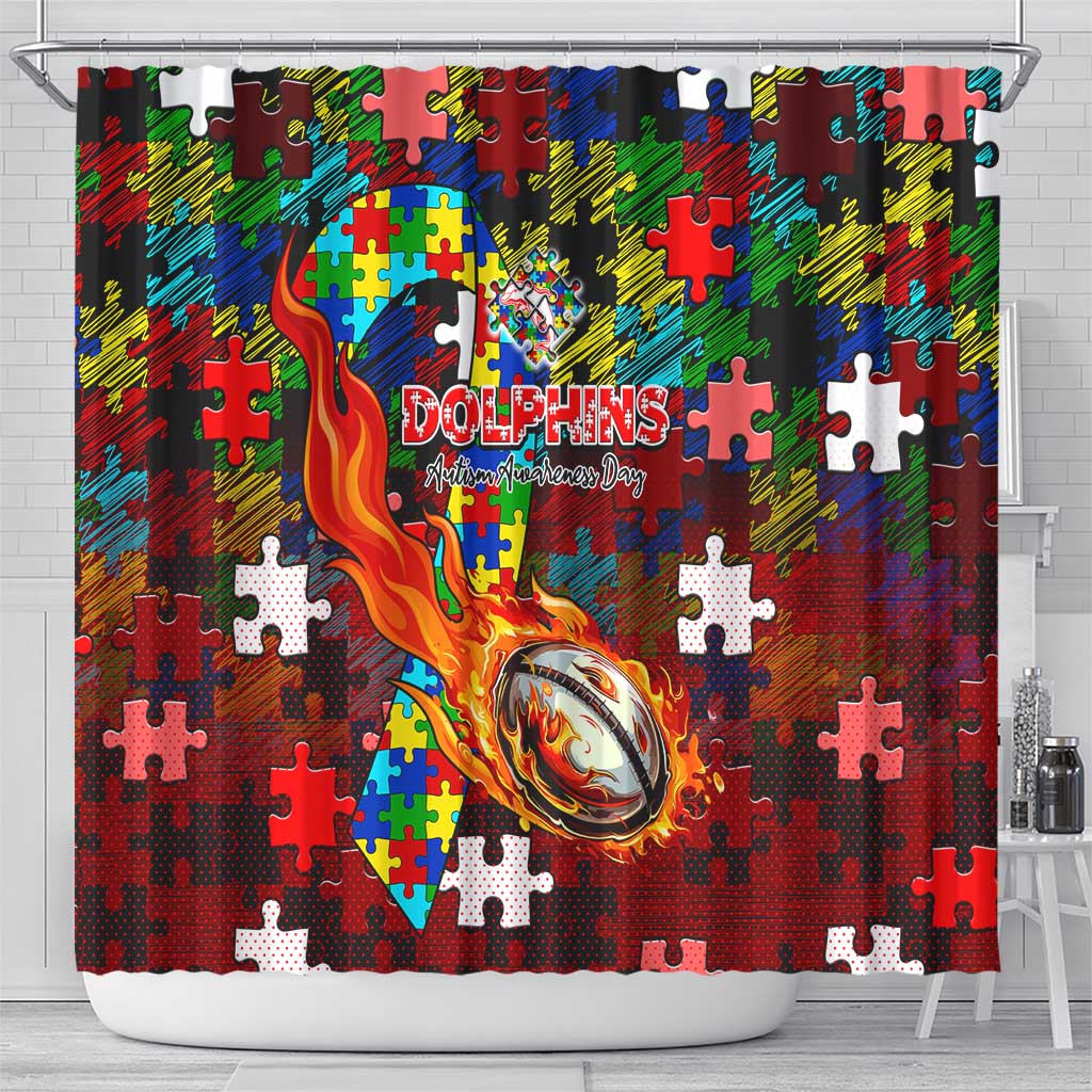 Dolphins Autism Awareness Shower Curtain Puzzle Flames Rugby Ball