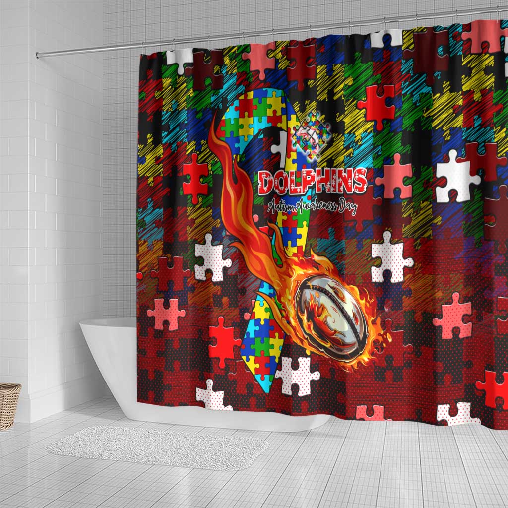 Dolphins Autism Awareness Shower Curtain Puzzle Flames Rugby Ball
