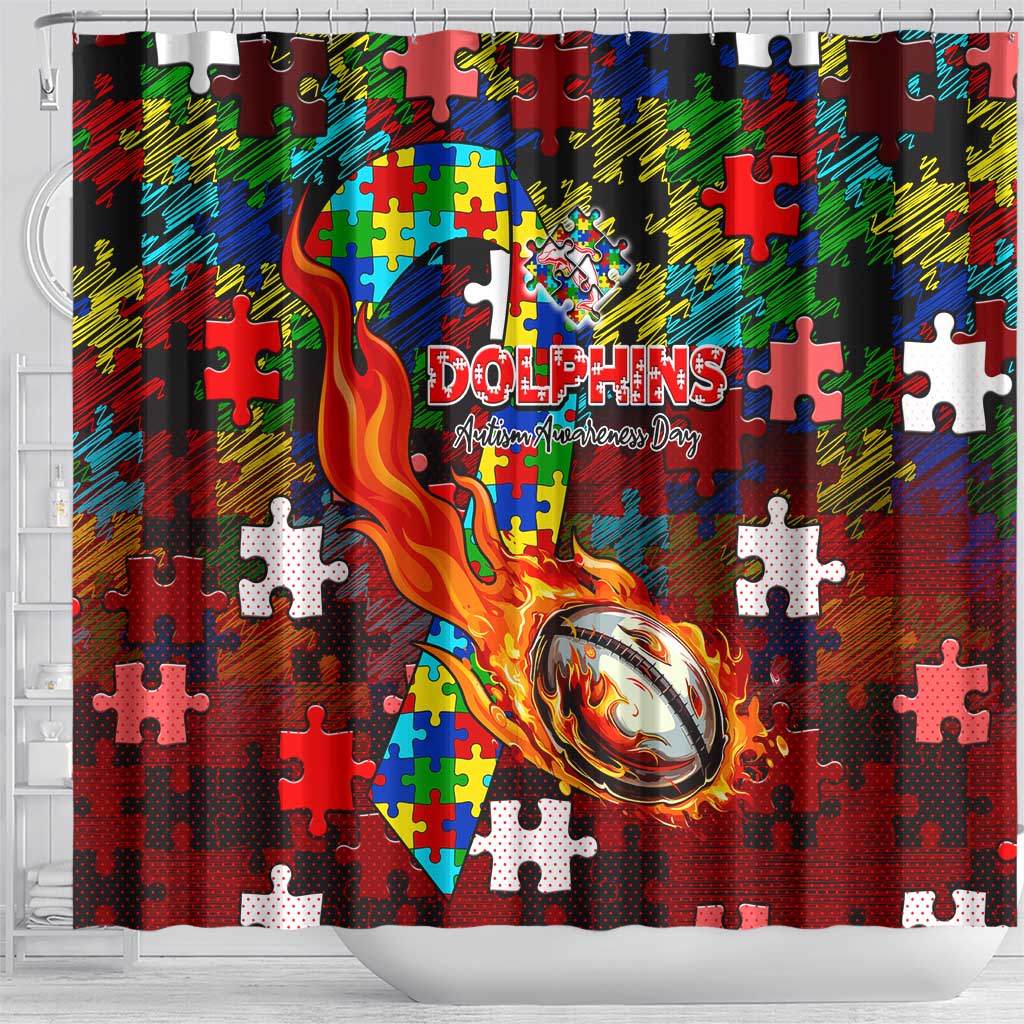 Dolphins Autism Awareness Shower Curtain Puzzle Flames Rugby Ball