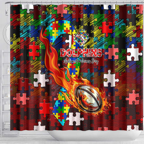 Dolphins Autism Awareness Shower Curtain Puzzle Flames Rugby Ball
