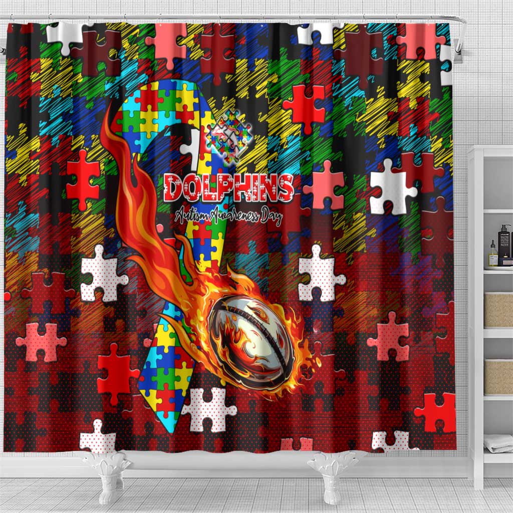 Dolphins Autism Awareness Shower Curtain Puzzle Flames Rugby Ball