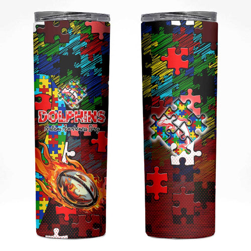 Dolphins Autism Awareness Skinny Tumbler Puzzle Flames Rugby Ball