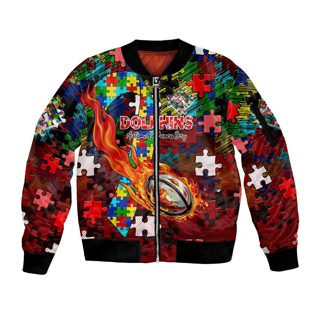 Dolphins Autism Awareness Sleeve Zip Bomber Jacket Puzzle Flames Rugby Ball