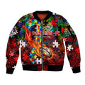 Dolphins Autism Awareness Sleeve Zip Bomber Jacket Puzzle Flames Rugby Ball