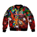 Dolphins Autism Awareness Sleeve Zip Bomber Jacket Puzzle Flames Rugby Ball