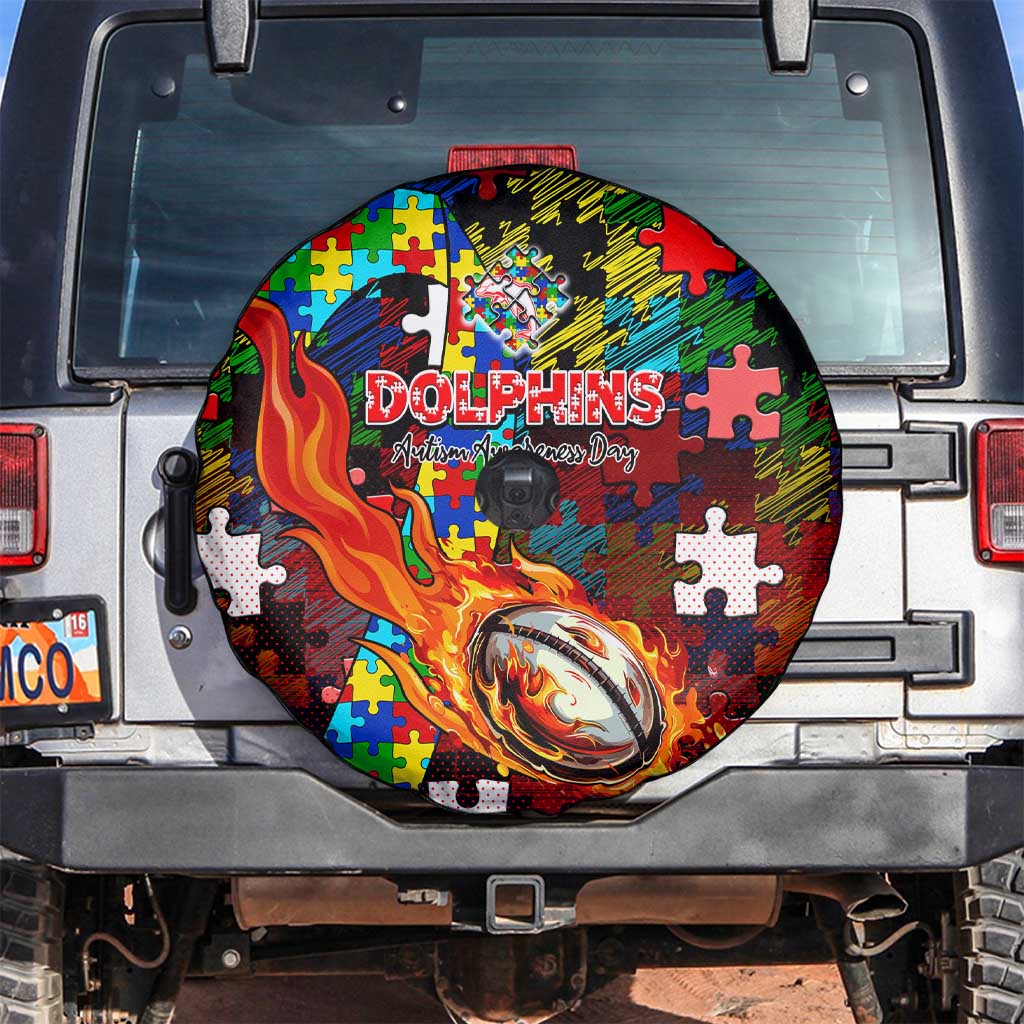 Dolphins Autism Awareness Spare Tire Cover Puzzle Flames Rugby Ball