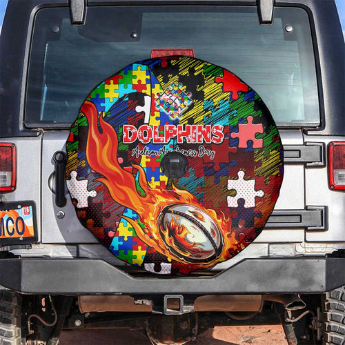 Dolphins Autism Awareness Spare Tire Cover Puzzle Flames Rugby Ball