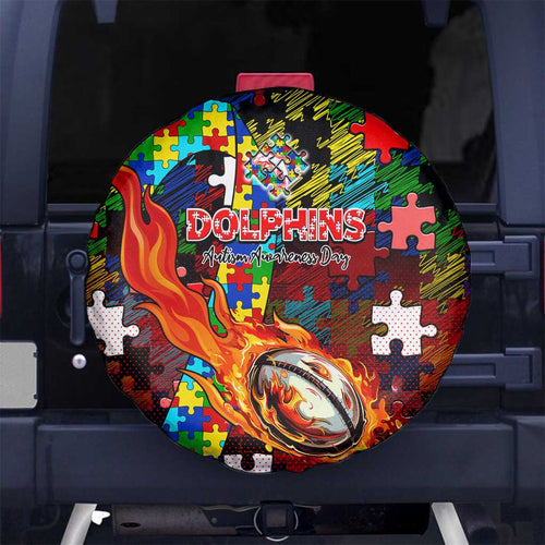 Dolphins Autism Awareness Spare Tire Cover Puzzle Flames Rugby Ball
