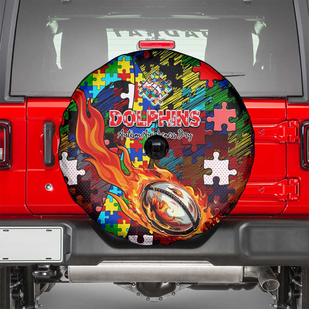Dolphins Autism Awareness Spare Tire Cover Puzzle Flames Rugby Ball