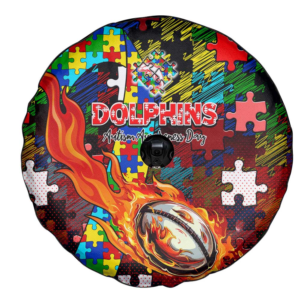 Dolphins Autism Awareness Spare Tire Cover Puzzle Flames Rugby Ball
