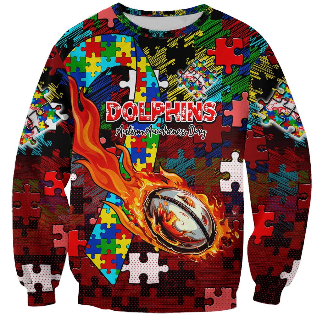 Dolphins Autism Awareness Sweatshirt Puzzle Flames Rugby Ball