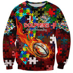 Dolphins Autism Awareness Sweatshirt Puzzle Flames Rugby Ball