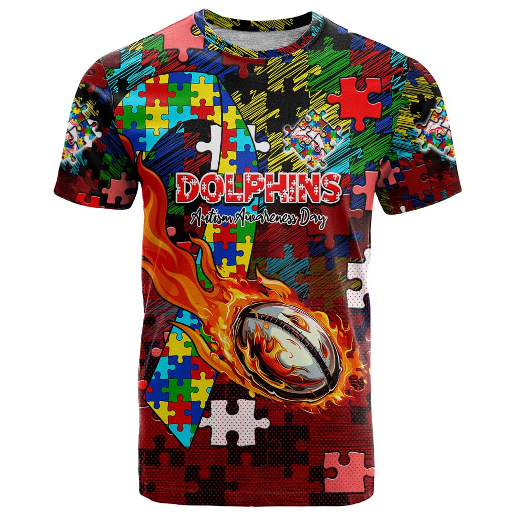 Dolphins Autism Awareness T Shirt Puzzle Flames Rugby Ball