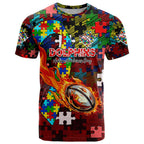 Dolphins Autism Awareness T Shirt Puzzle Flames Rugby Ball