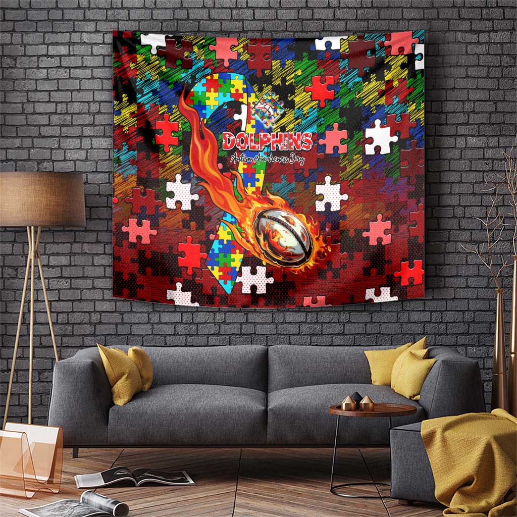 Dolphins Autism Awareness Tapestry Puzzle Flames Rugby Ball