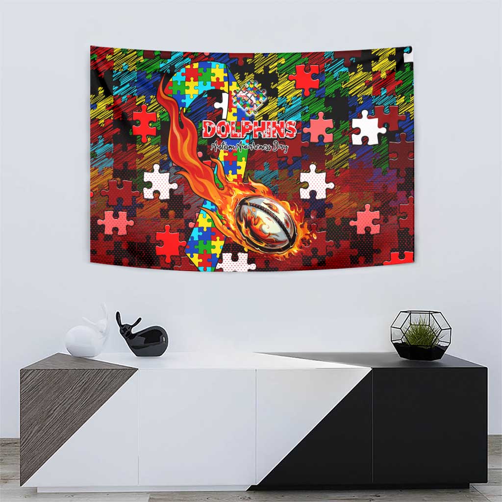 Dolphins Autism Awareness Tapestry Puzzle Flames Rugby Ball