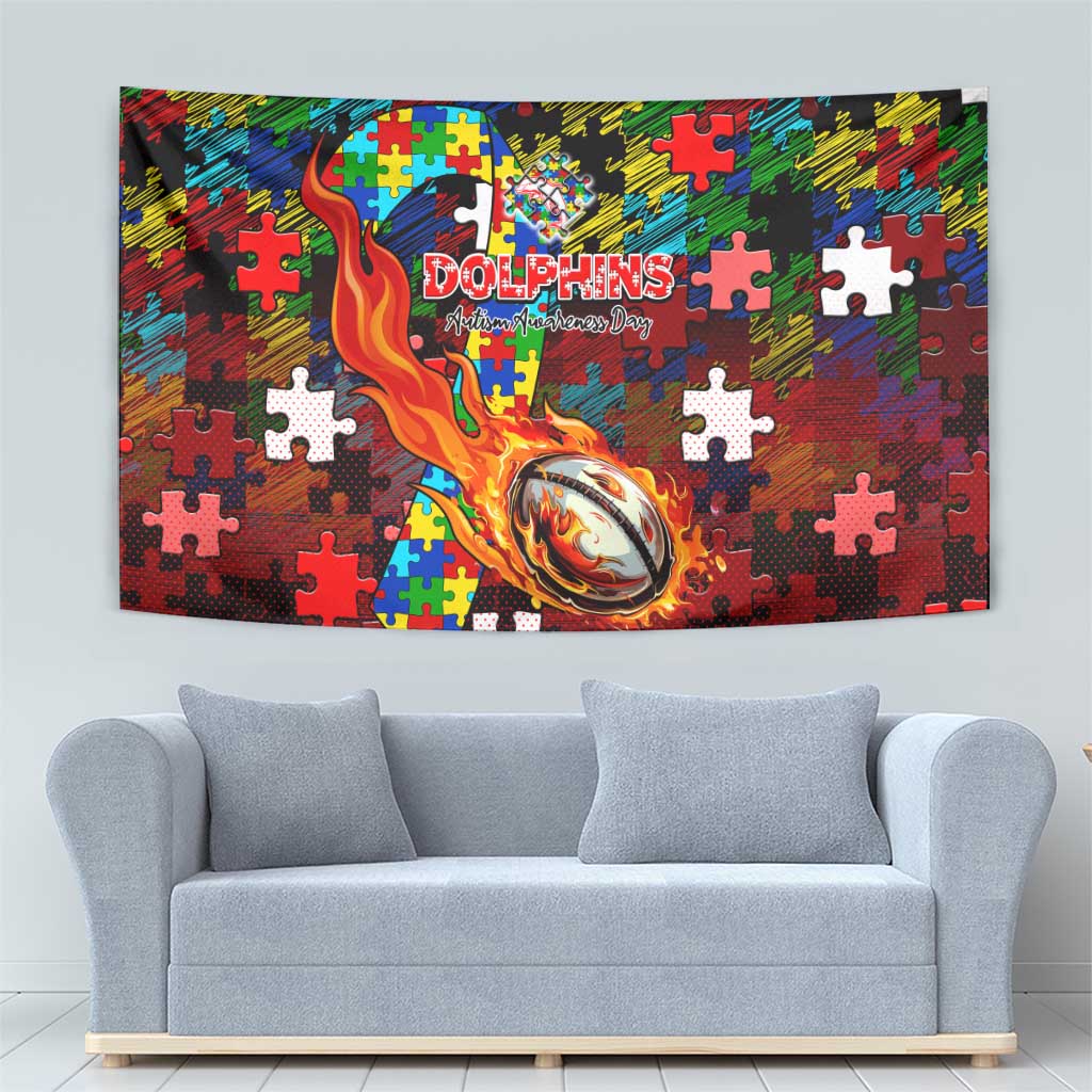 Dolphins Autism Awareness Tapestry Puzzle Flames Rugby Ball