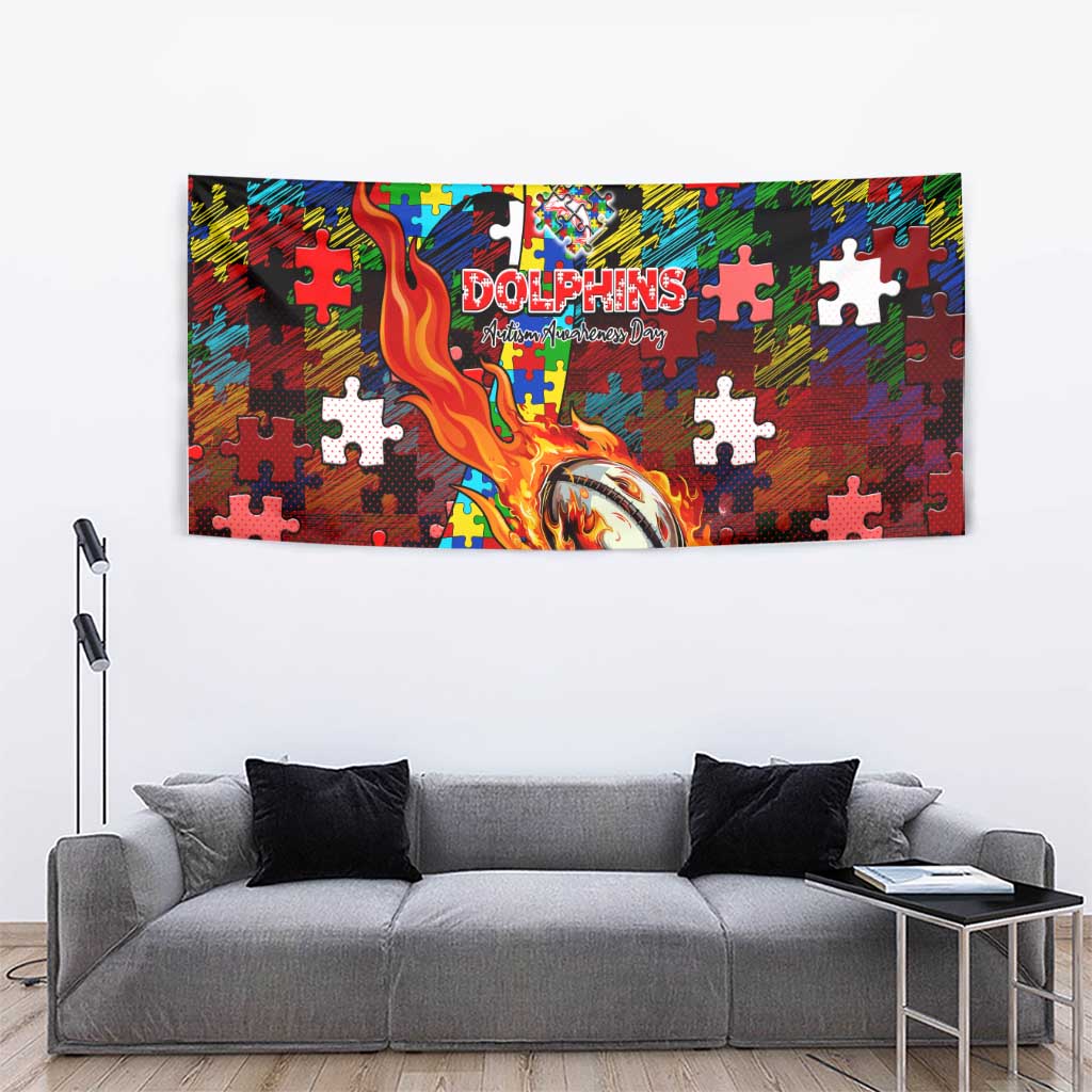 Dolphins Autism Awareness Tapestry Puzzle Flames Rugby Ball