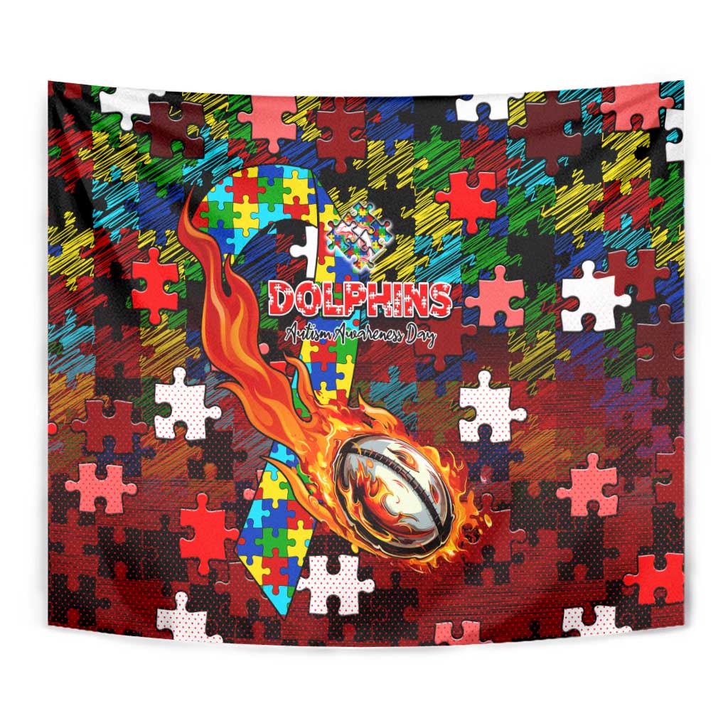 Dolphins Autism Awareness Tapestry Puzzle Flames Rugby Ball