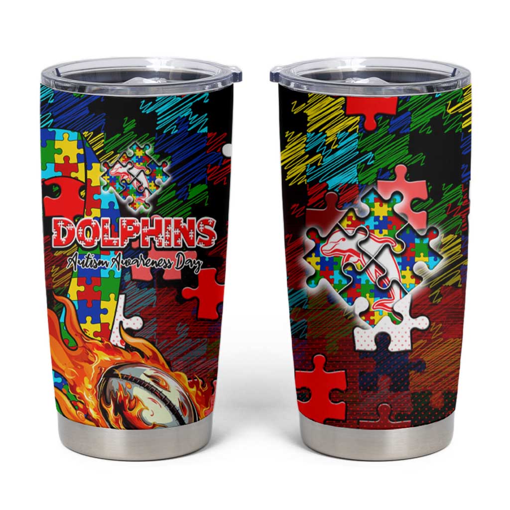 Dolphins Autism Awareness Tumbler Cup Puzzle Flames Rugby Ball