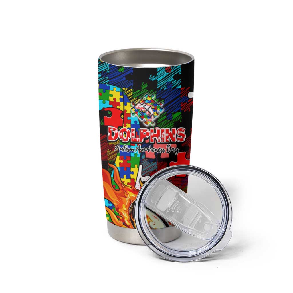 Dolphins Autism Awareness Tumbler Cup Puzzle Flames Rugby Ball