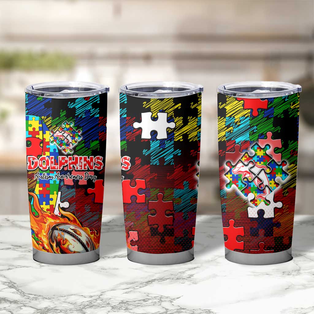 Dolphins Autism Awareness Tumbler Cup Puzzle Flames Rugby Ball