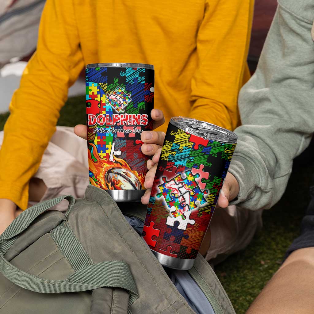 Dolphins Autism Awareness Tumbler Cup Puzzle Flames Rugby Ball