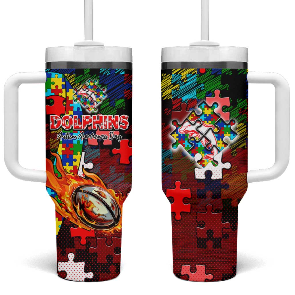 Dolphins Autism Awareness Tumbler With Handle Puzzle Flames Rugby Ball