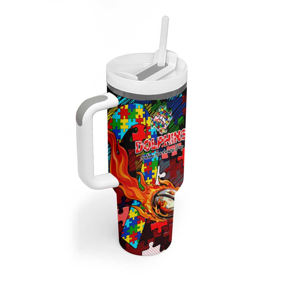Dolphins Autism Awareness Tumbler With Handle Puzzle Flames Rugby Ball