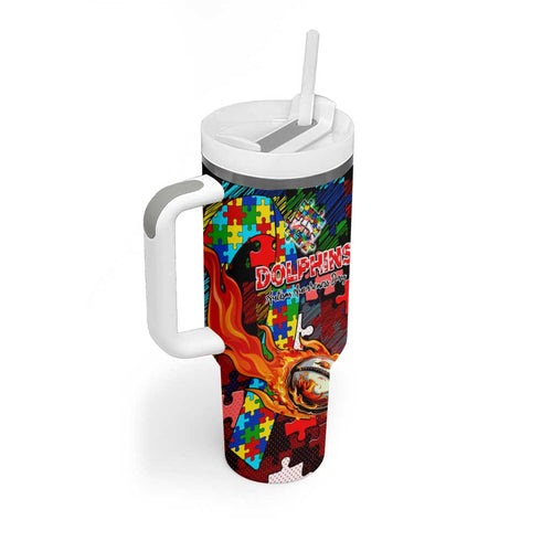 Dolphins Autism Awareness Tumbler With Handle Puzzle Flames Rugby Ball