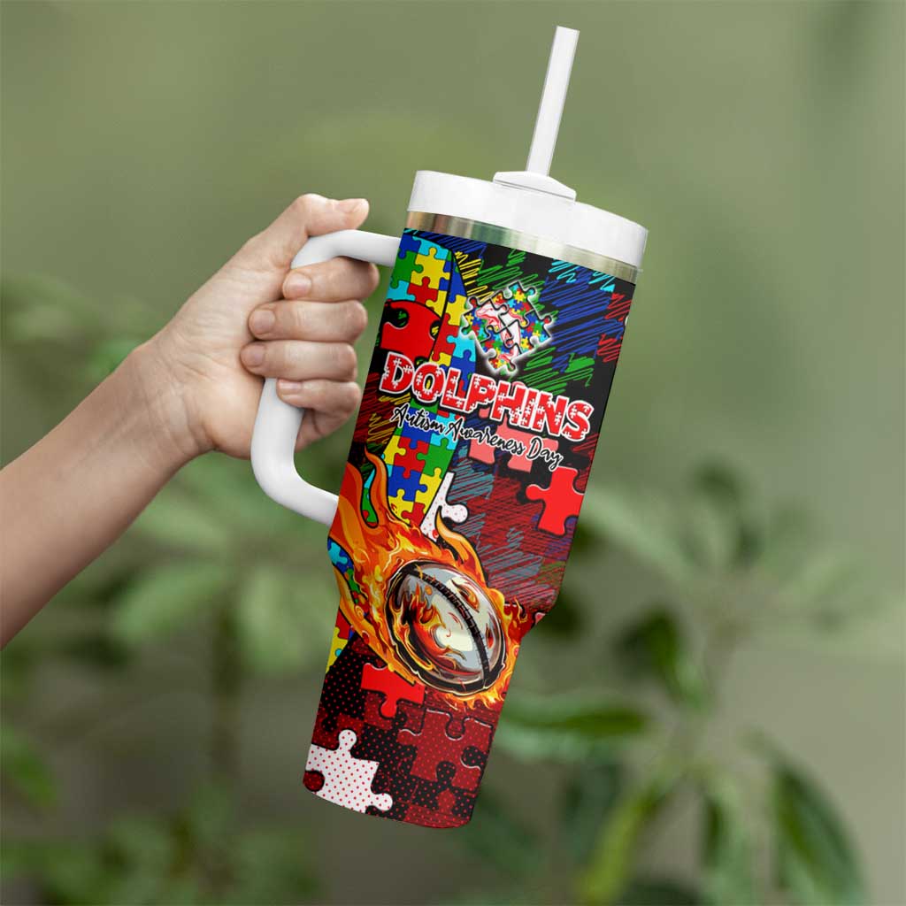 Dolphins Autism Awareness Tumbler With Handle Puzzle Flames Rugby Ball