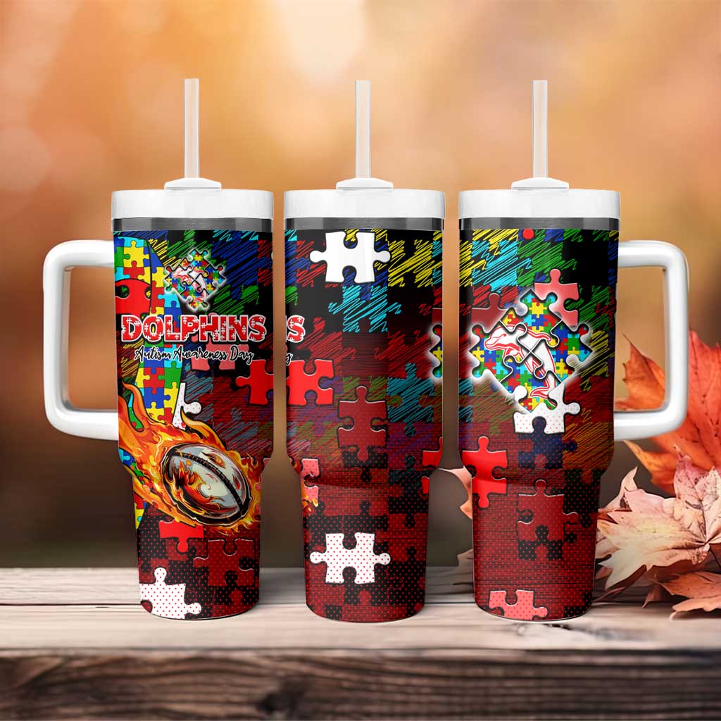 Dolphins Autism Awareness Tumbler With Handle Puzzle Flames Rugby Ball