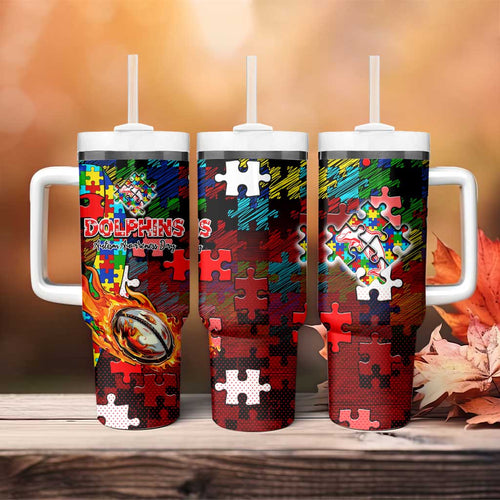 Dolphins Autism Awareness Tumbler With Handle Puzzle Flames Rugby Ball