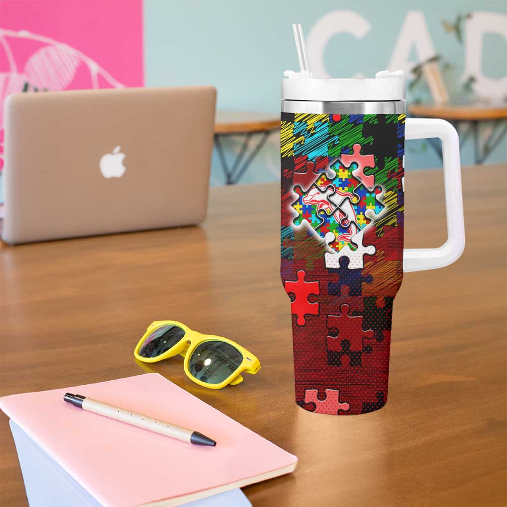 Dolphins Autism Awareness Tumbler With Handle Puzzle Flames Rugby Ball