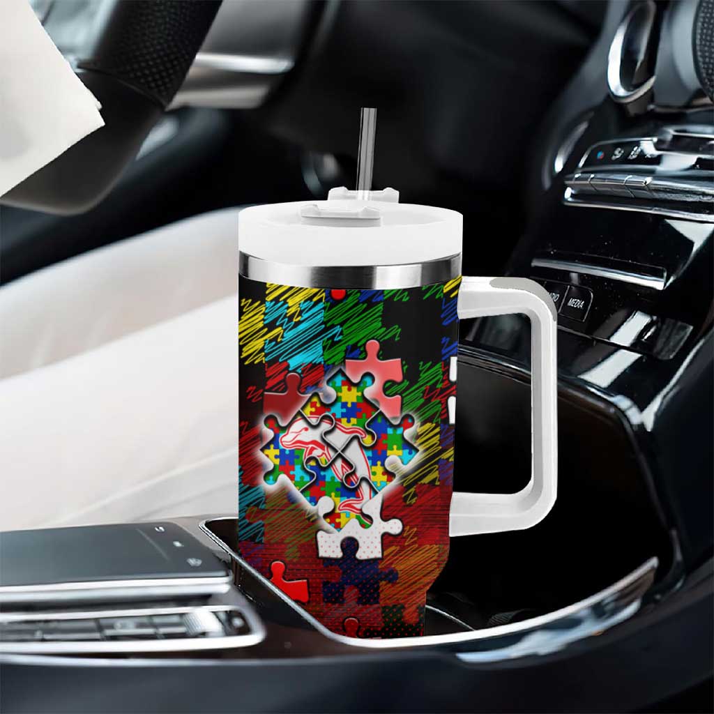 Dolphins Autism Awareness Tumbler With Handle Puzzle Flames Rugby Ball
