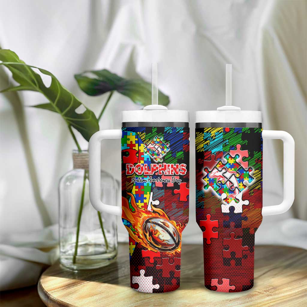 Dolphins Autism Awareness Tumbler With Handle Puzzle Flames Rugby Ball