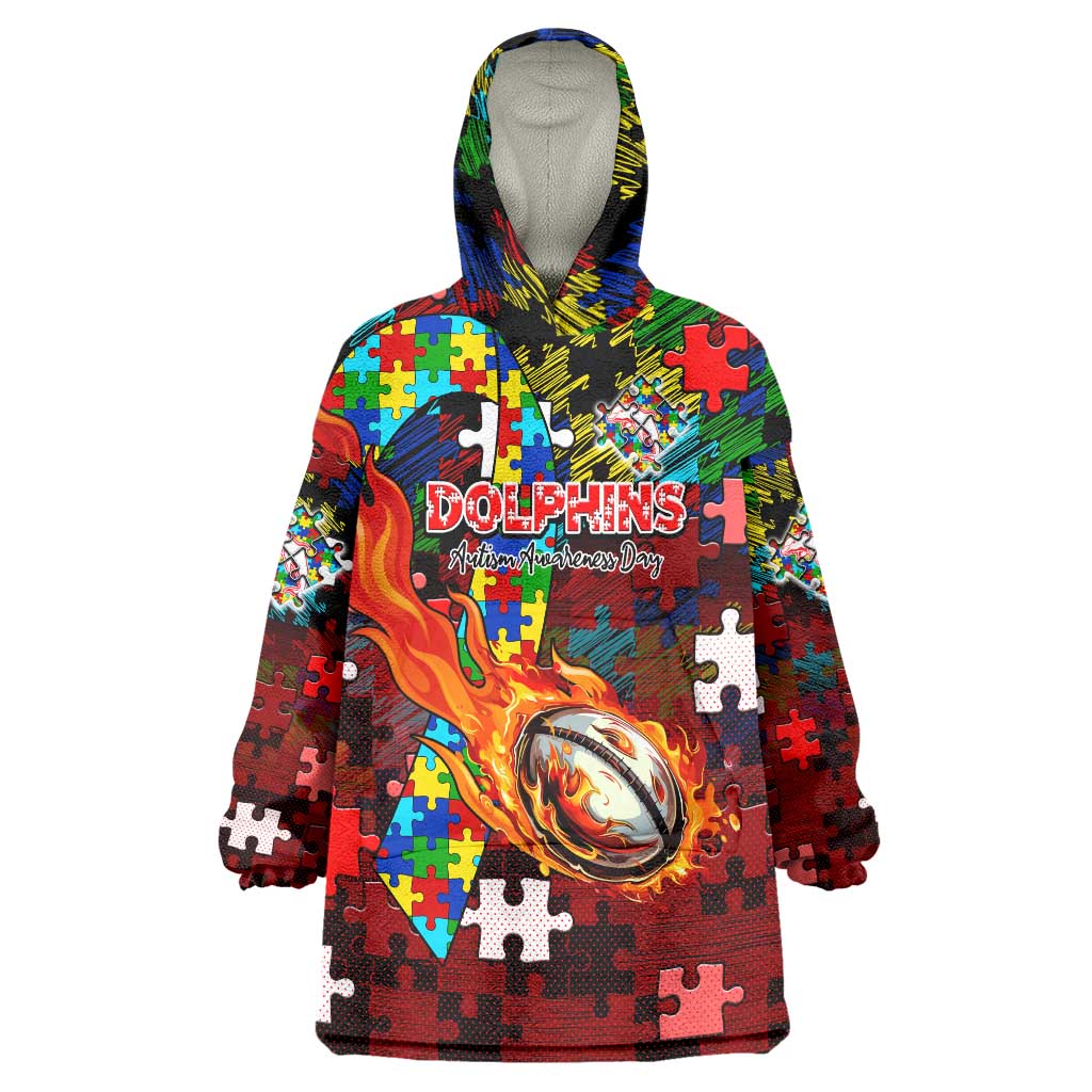Dolphins Autism Awareness Wearable Blanket Hoodie Puzzle Flames Rugby Ball