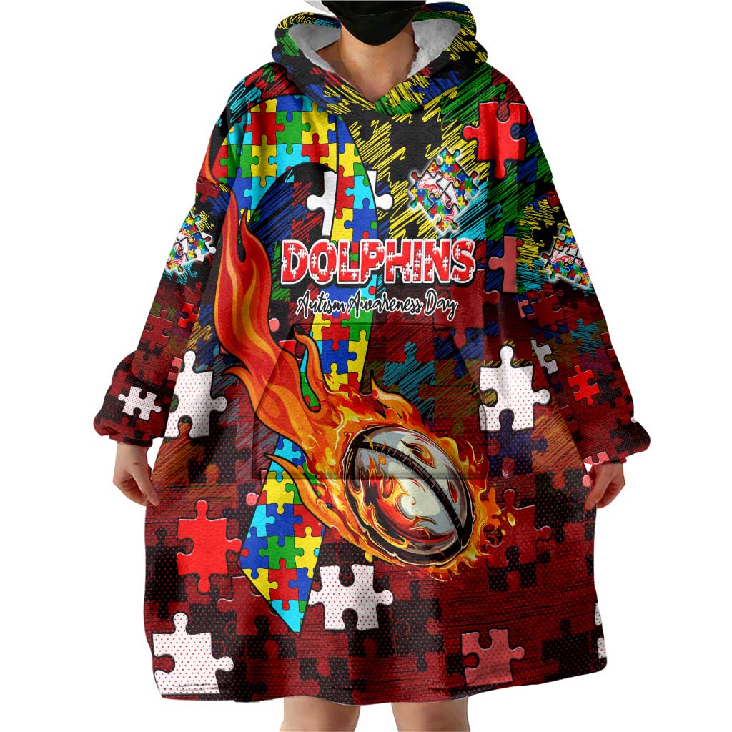Dolphins Autism Awareness Wearable Blanket Hoodie Puzzle Flames Rugby Ball