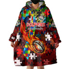 Dolphins Autism Awareness Wearable Blanket Hoodie Puzzle Flames Rugby Ball