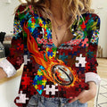 Dolphins Autism Awareness Women Casual Shirt Puzzle Flames Rugby Ball