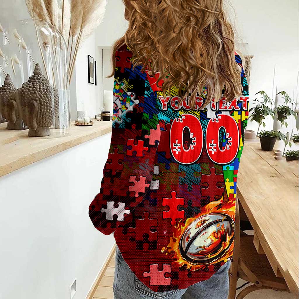 Dolphins Autism Awareness Women Casual Shirt Puzzle Flames Rugby Ball